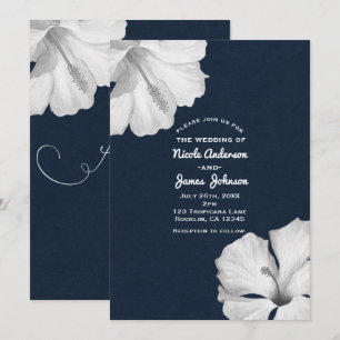 White Hibiscus Blue Tropical Wedding Invitations