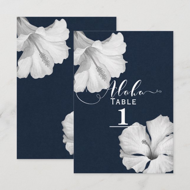 White Hibiscus Blue Tropical Wedding Table Number (Front/Back)