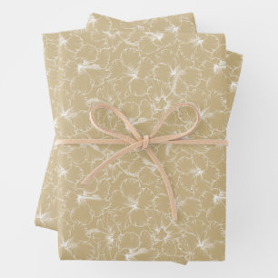 White Hibiscus Floral on Gold Wrapping Paper Sheet