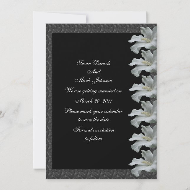 White Hibiscus Flower Black Wedding Save The Date (Front)