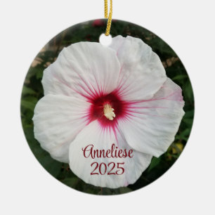 White Hibiscus Flower Photograph Ceramic Tree Decoration