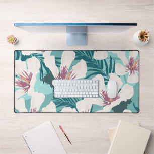 White Hibiscus Flower Tropical Greenery  Desk Mat