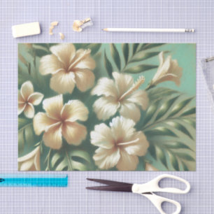 White Hibiscus Flowers Green Tropical Decoupage Tissue Paper