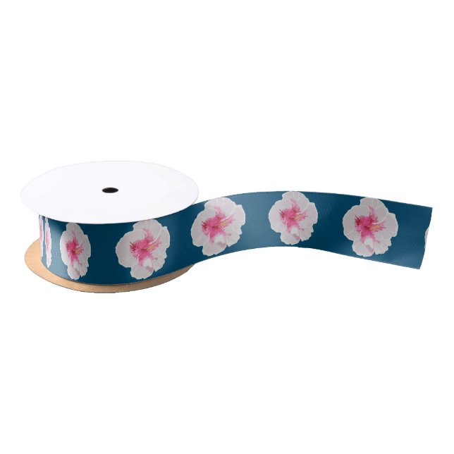 White Hibiscus Flowers Satin Ribbon (Spool)
