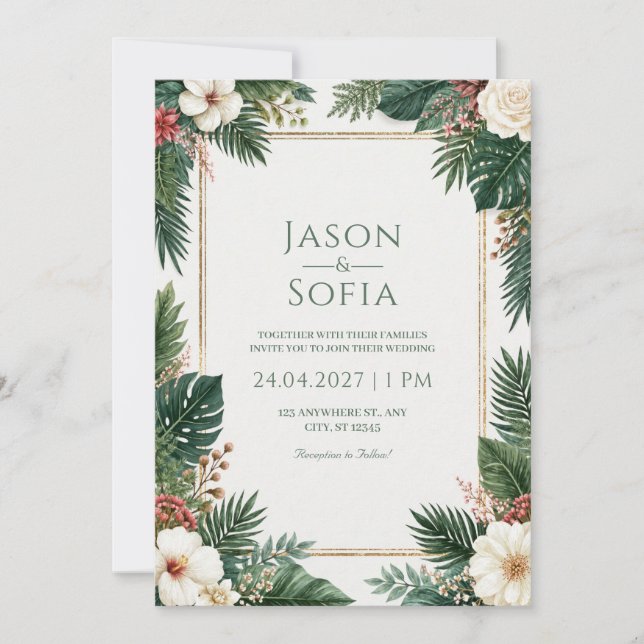 White Hibiscus Gilded Tropical Border Wedding Invitation (Front)