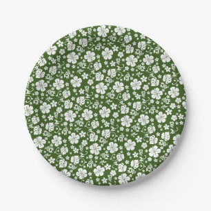 White Hibiscus on Green Tropical Paper Plate