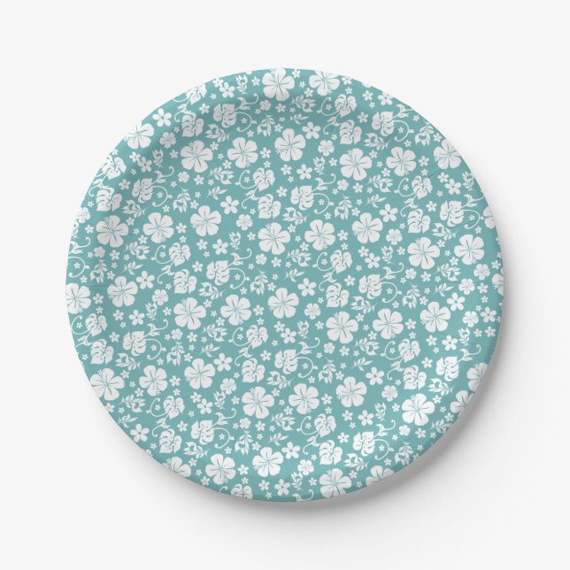 White Hibiscus on Teal Tropical Hawaiian Paper Plate (Front)