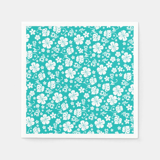 White Hibiscus on Turquoise Tropical Chic Napkin (Front)