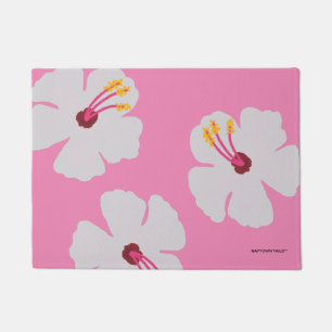 White Hibiscus Pink Dog Food Mat