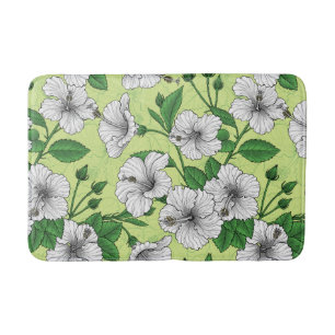 White Hibiscus Tropical Floral Pattern Bath Mat