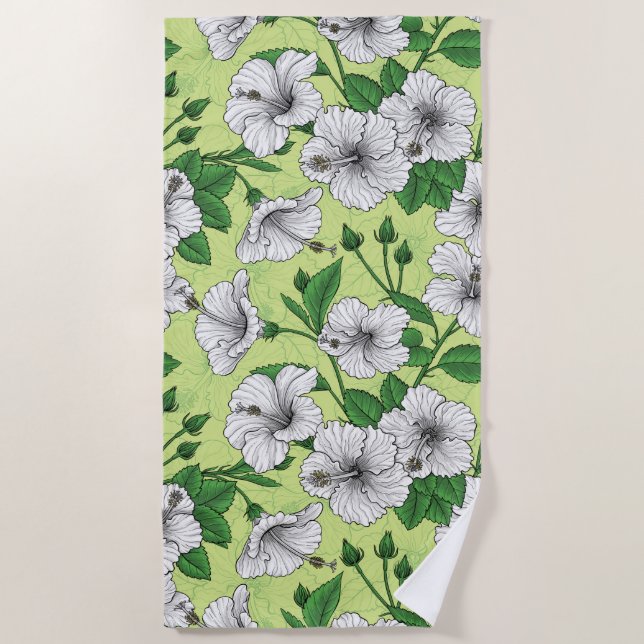 White Hibiscus Tropical Floral Pattern Beach Towel (Front)