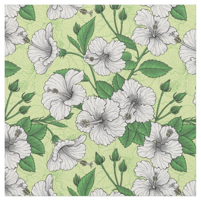White Hibiscus Tropical Floral Pattern Fabric (Close Up)