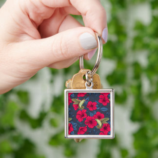 White Hibiscus Tropical Floral Pattern Key Ring