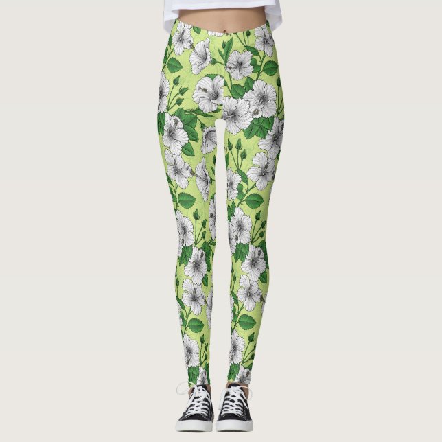White Hibiscus Tropical Floral Pattern Leggings (Front)