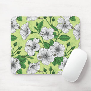 White Hibiscus Tropical Floral Pattern Mouse Mat