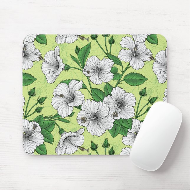 White Hibiscus Tropical Floral Pattern Mouse Mat (With Mouse)