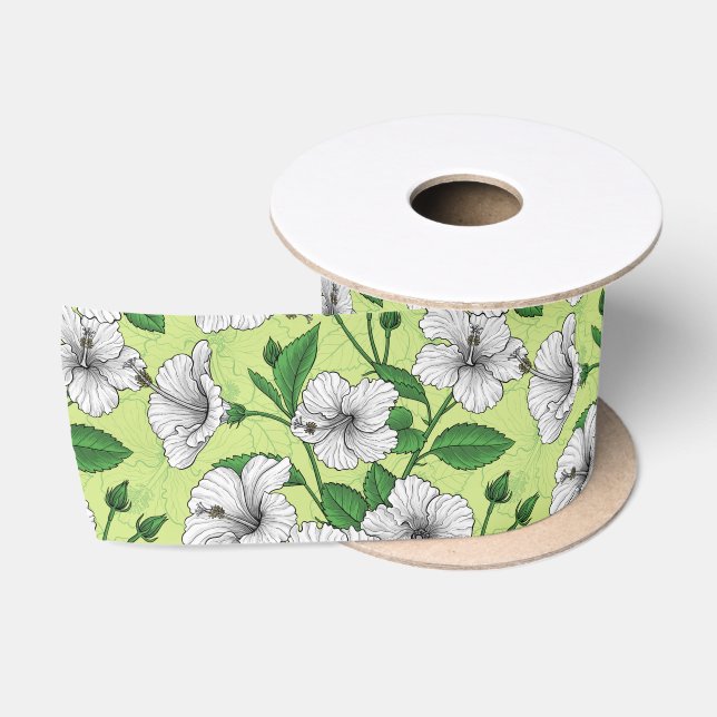 White Hibiscus Tropical Floral Pattern Satin Ribbon (Spool)