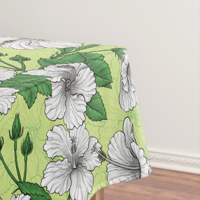 White Hibiscus Tropical Floral Pattern Tablecloth (In Situ)