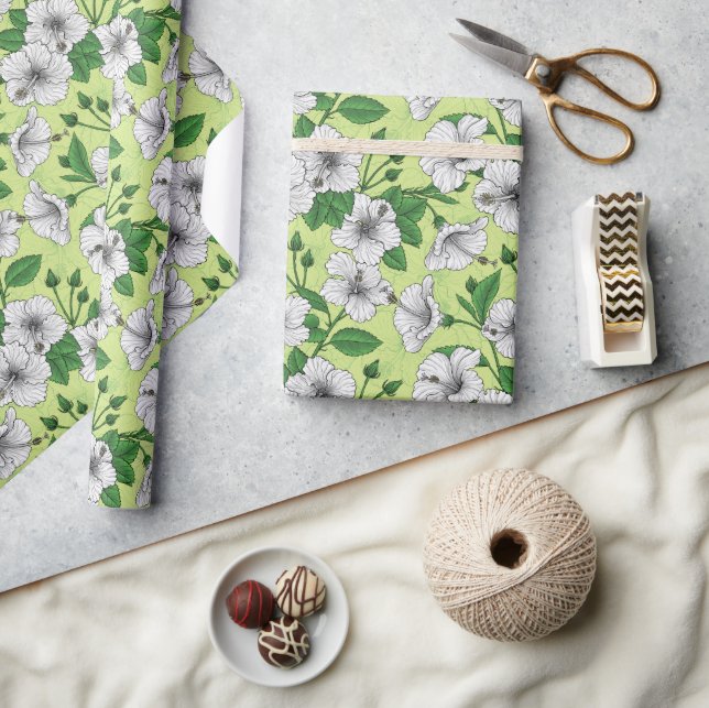 White Hibiscus Tropical Floral Pattern Wrapping Paper (Crafts)