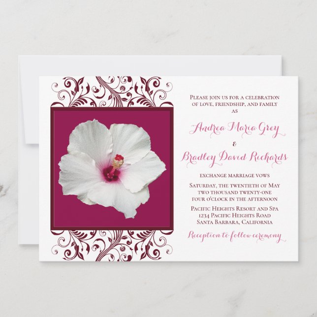 White Hibiscus Wedding Invitation (Front)