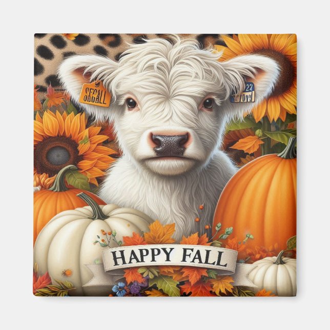 White Highland Calf Among Pumpkins and Sunflowers  Magnet (Front)