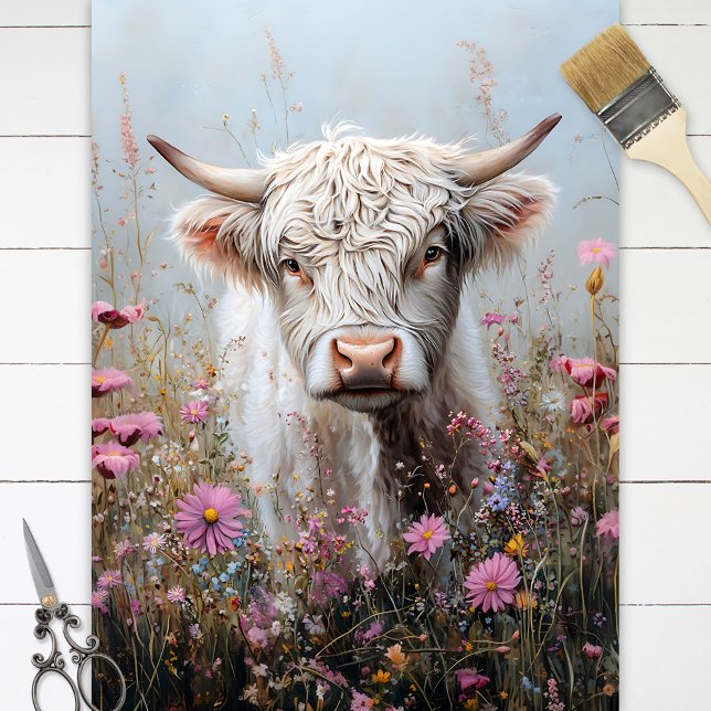 White Highland Cow in a Field of Flowers Decoupage Tissue Paper (Creator Uploaded)