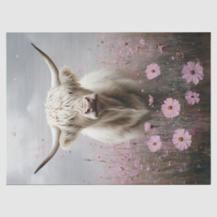 White Highland Cow Pink Wildflowers Decoupage Tissue Paper