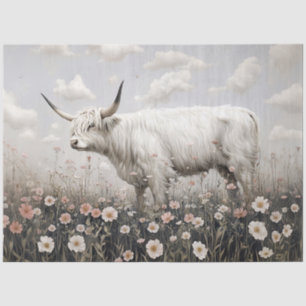 White Highland Cow Pink Wildflowers Painting Tissue Paper