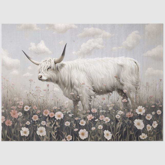 White Highland Cow Pink Wildflowers Painting Tissue Paper (Front)