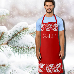 white hollies in red -  God Jul  Apron