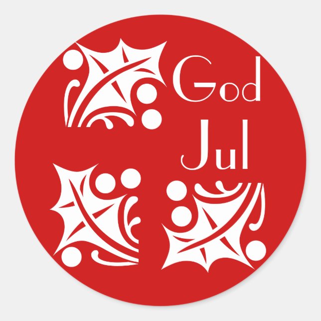 white hollies in red-  God Jul Classic Round Sticker (Front)