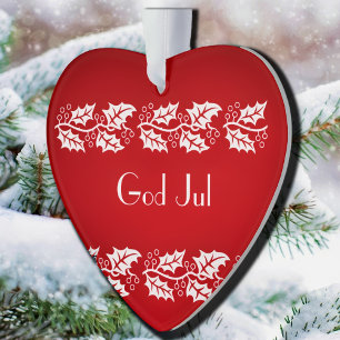 white hollies in red -  God Jul Ornament