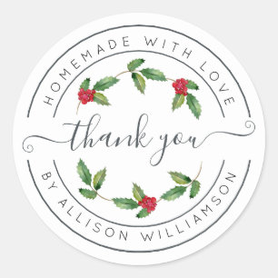 White Holly Christmas Thank You Classic Round Sticker