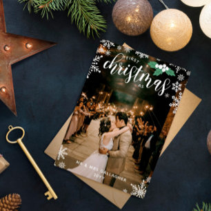 White Holly Snowflakes 1st Christmas Wedding Photo Holiday Card