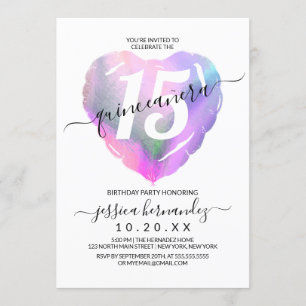 White Holographic Foil Heart Balloon Quinceañera Invitation