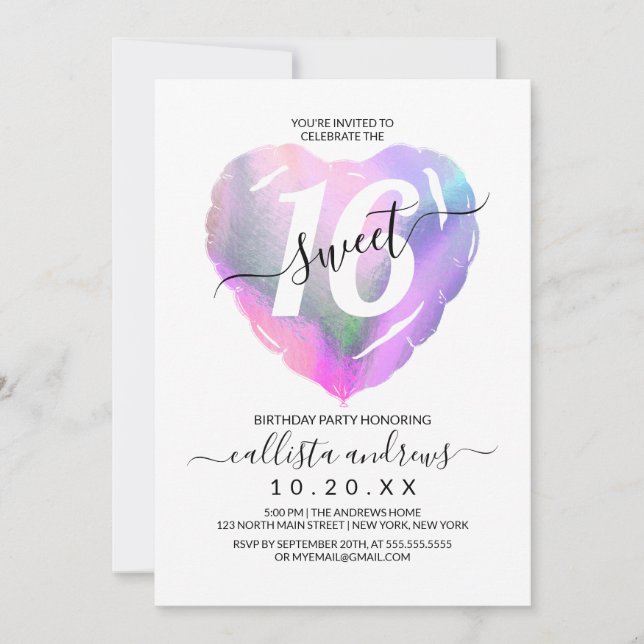 White Holographic Foil Heart Balloon Sweet 16 Invitation (Front)