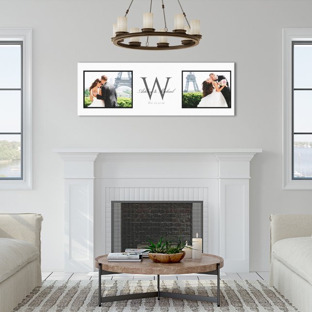 White Horizontal 2 Photo Monogram Wedding Keepsake Canvas Print (Creator Uploaded)