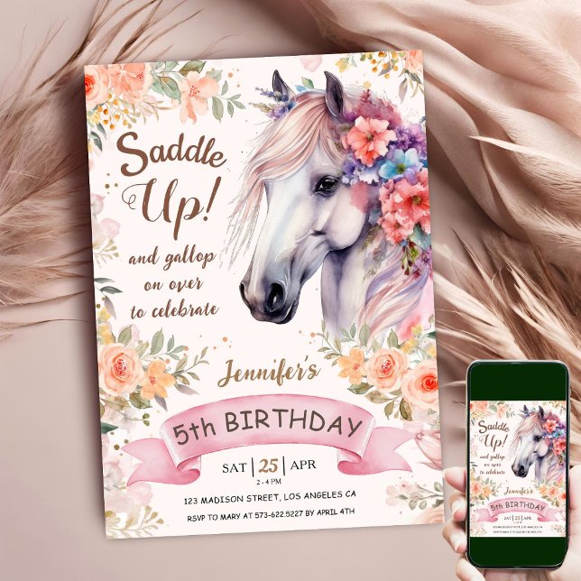 White Horse 5th Birthday Floral Girl Saddle Up Invitation (Creator Uploaded)