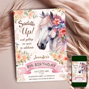 White Horse 8th Birthday Floral Girl Saddle Up Invitation