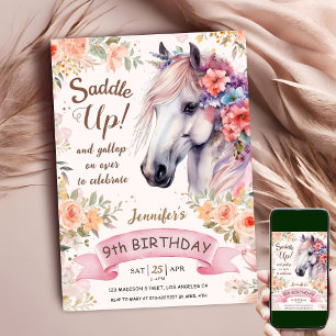 White Horse 9th Birthday Floral Girl Saddle Up  Invitation