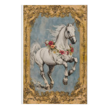 White horse adorned with a flower crown.