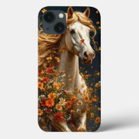 White Horse Adorned With Vibrant Autumn Flowers