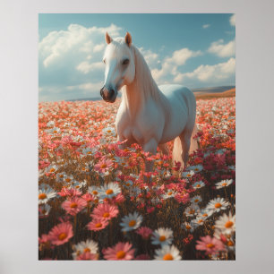 White Horse Amid Blossoming Meadow Poster