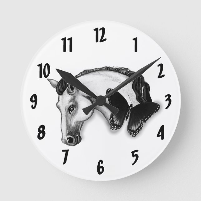 White Horse and Butterfly Design Round Clock (Front)