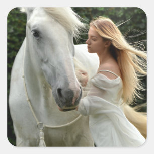 White Horse and Girl Square Sticker