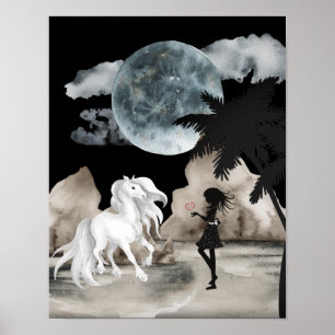 White Horse and Girl with Heart Full Moon Beach Poster