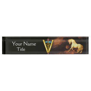 WHITE HORSE AND LION / CADUCEUS VETERINARY SYMBOL NAMEPLATE