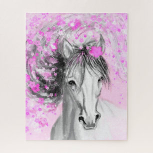 White Horse and Pink Flowers Puzzle - Painting