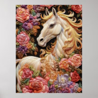 White Horse and Roses 3D Embroidery Art