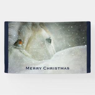 White Horse & Bird in a Winter Snowfall Christmas Banner